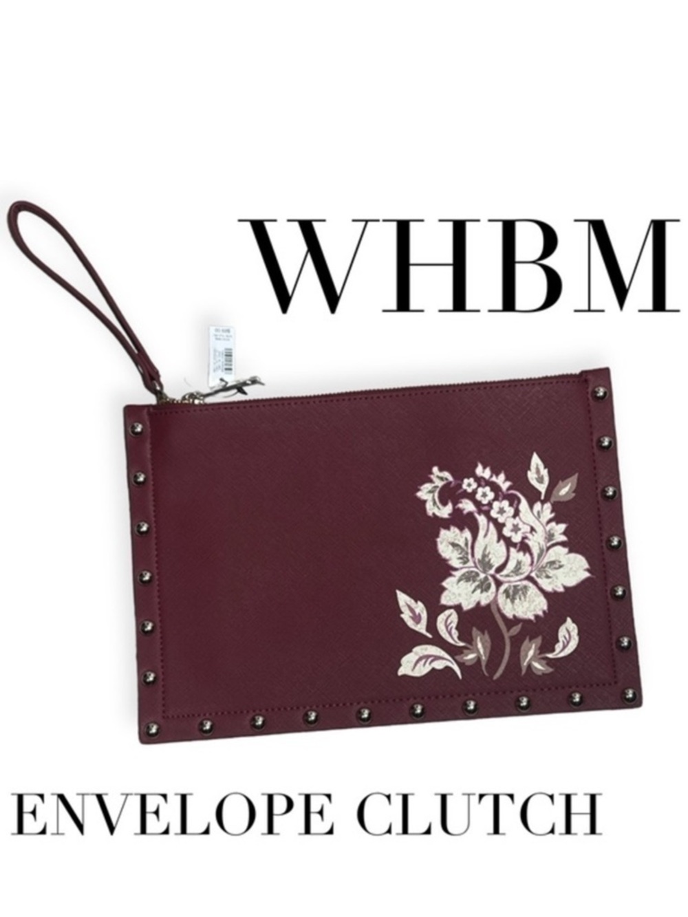 WHBM wine burgundy merlot floral studded envelope clutch wristlet handbag